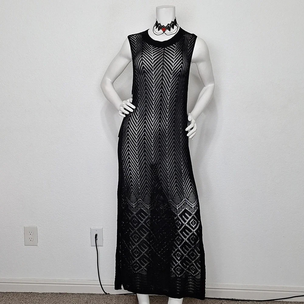 Joie Black Romantic Goth *NEW* Witchy Crochet Knit Whimsigoth Maxi Dress Size XL